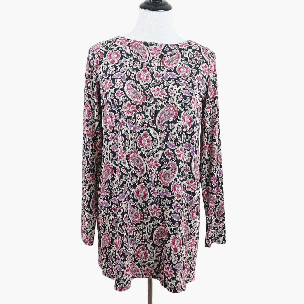 J Jill Size XS Wearever Collection Tunic Long Sleeve Black Pink Floral - Picture 2 of 9